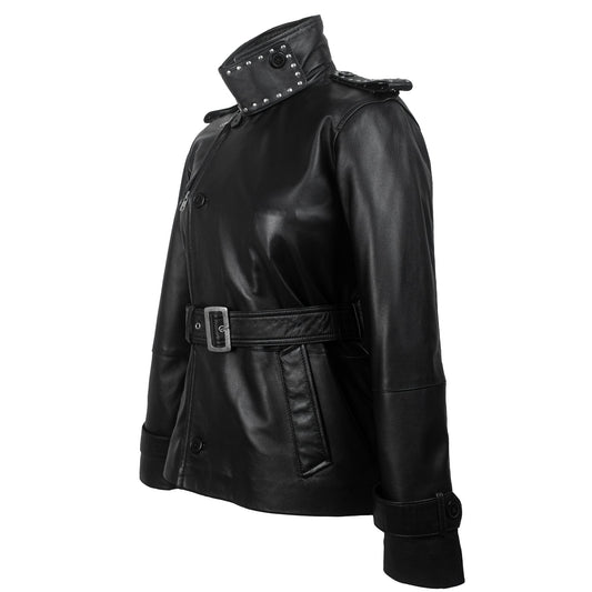 Black Studded Leather Trench Jacket