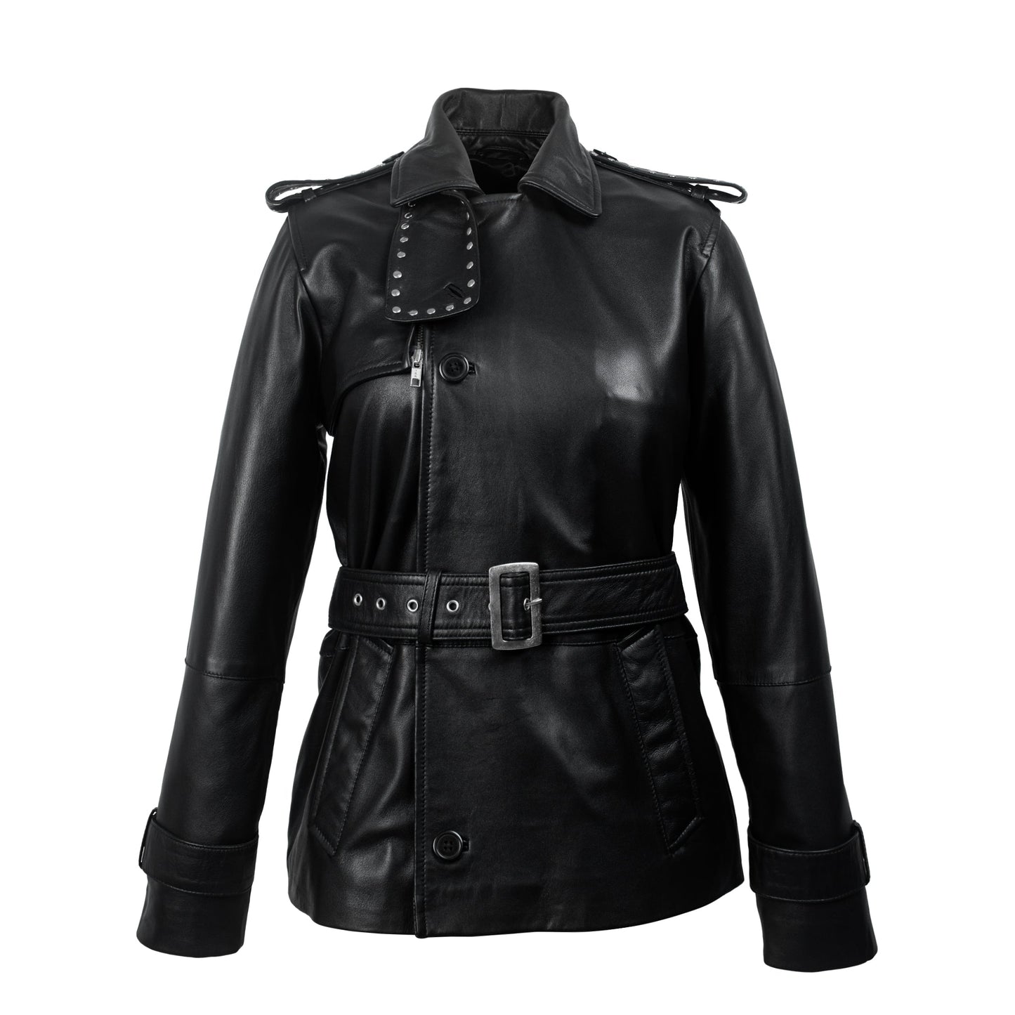 Black Studded Leather Trench Jacket
