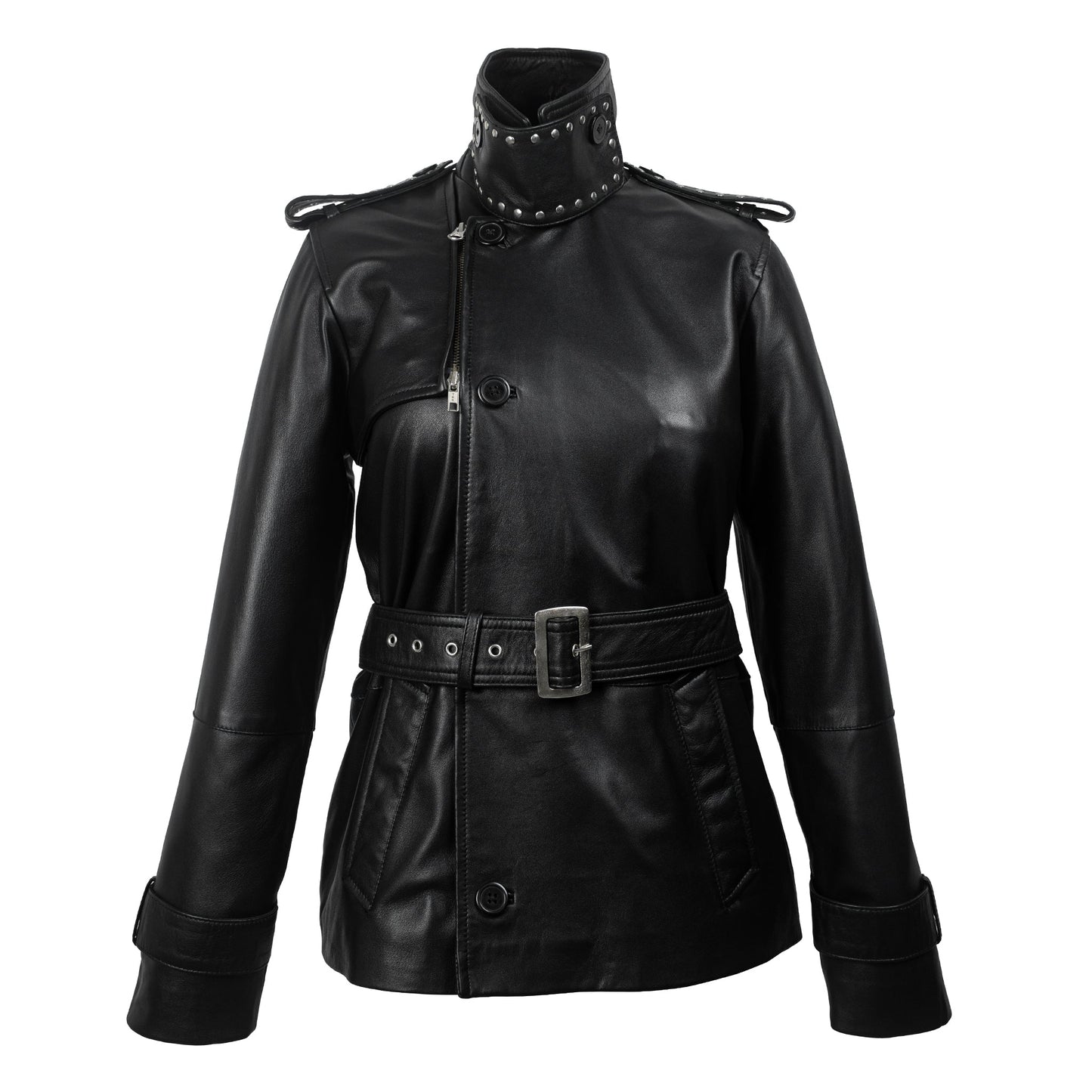 Black Studded Leather Trench Jacket